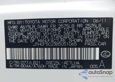 2011 Lexus Is 250 from USA, damaged, VIN JTHCF5C23B5051065